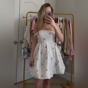 White Strapless Dress with Cherry Print